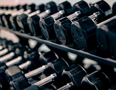 A row of black hexagonal dumbbells on a rack in a gym, lined up from close to far.
