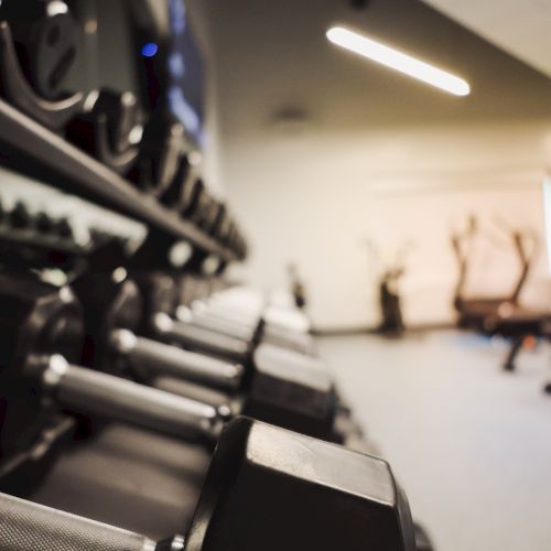 Weight plates and dumbbells lined up in a gym with people exercising in the background, soft lighting, and a blurred, active scene.