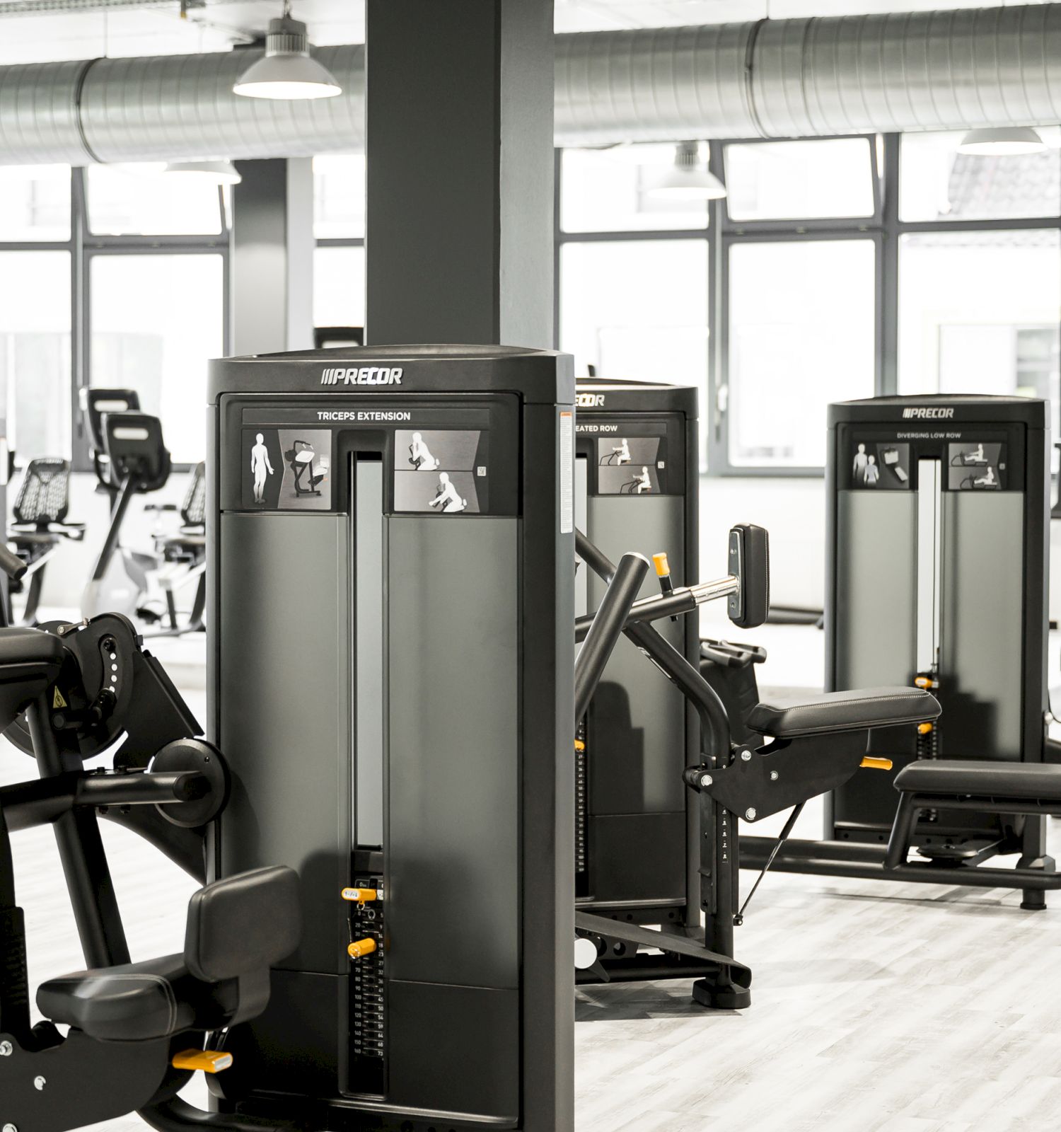 A modern gym with various exercise machines, including weight and seated row machines, in a bright and spacious room.
