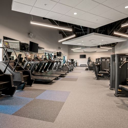 A bright gym with rows of treadmills and strength machines, featuring TV screens and LED strip lighting overhead.