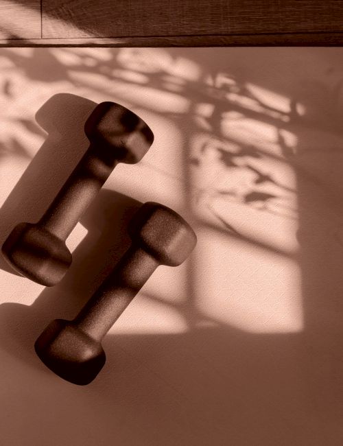 Two dumbbells on a mat with shadows of leaves creating a pattern in warm, soft lighting.
