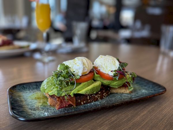Two open-faced veggie sandwiches on dark toast with greens, tomato, cheese, and sprouts, served on a plate with a bright drink in the background.