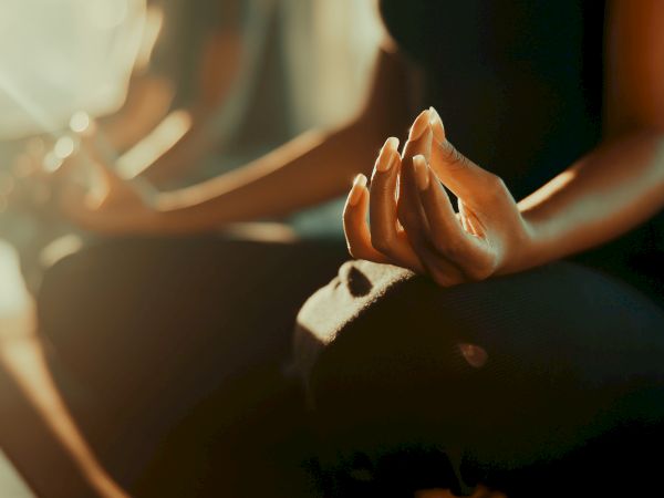 People meditating, seated cross-legged with hands resting on knees, calm and focused in a sunlit space.