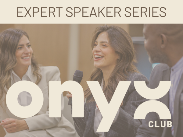 Three people in a panel discussion, smiling and talking into a microphone; &ldquo;EXPERT SPEAKER SERIES&rdquo; banner and nyx club branding.