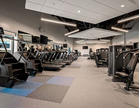 A modern gym with rows of cardio machines—treadmills and ellipticals—plus strength stations under bright LED lights.