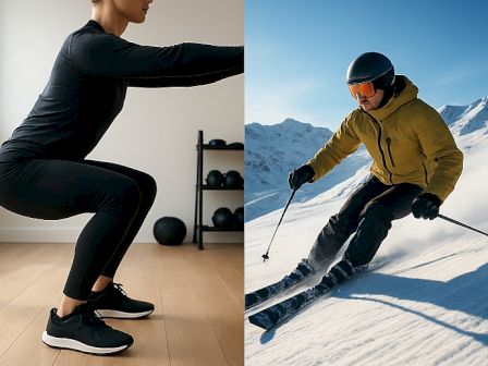 Split image: left shows a person doing a squat indoors; right shows a skier carving turns on snow outdoors.